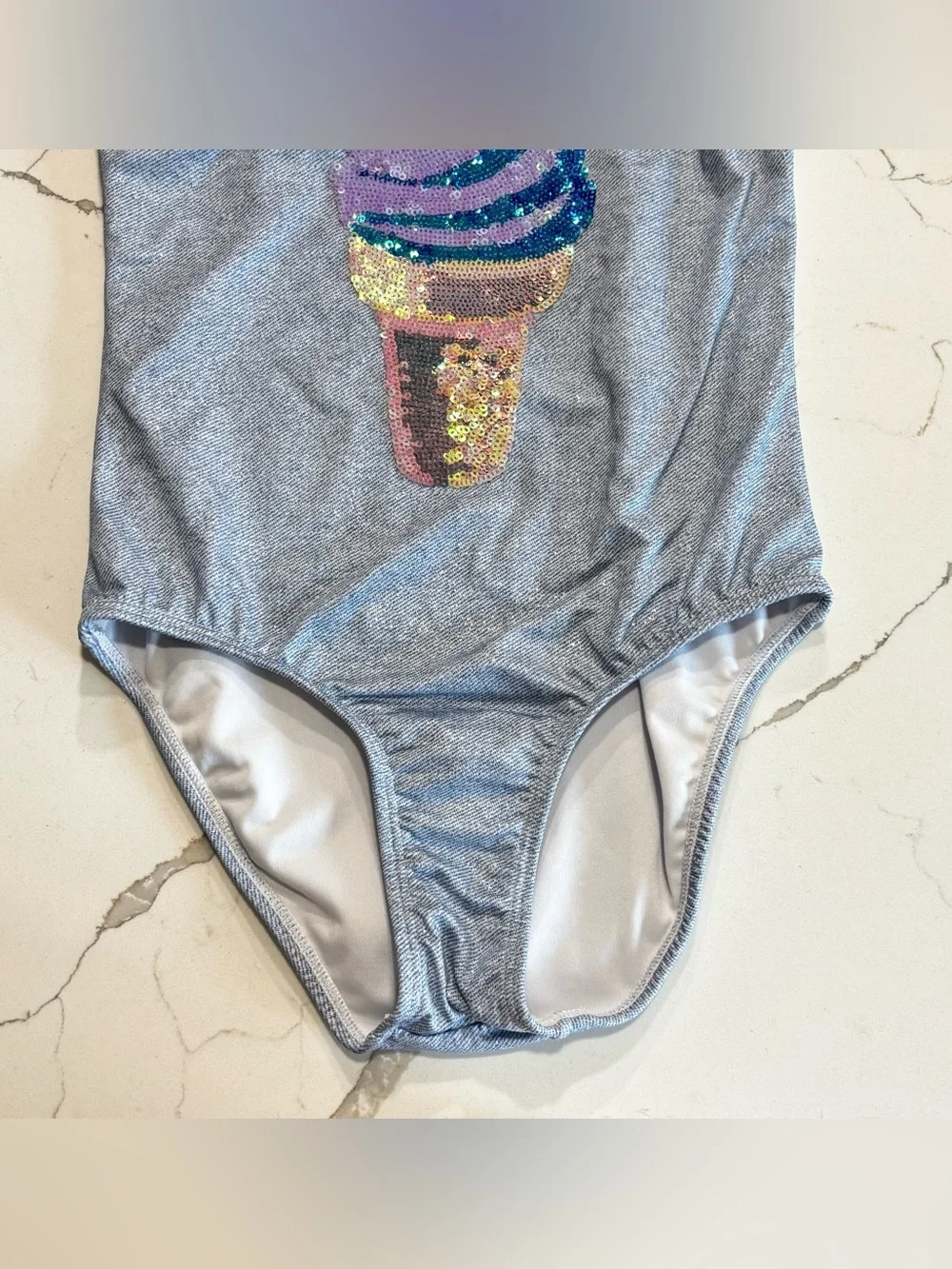 Pilyq Light Blue Girls One-Piece Swimsuit with Rainbow Sequin Ice Cream Cone 10